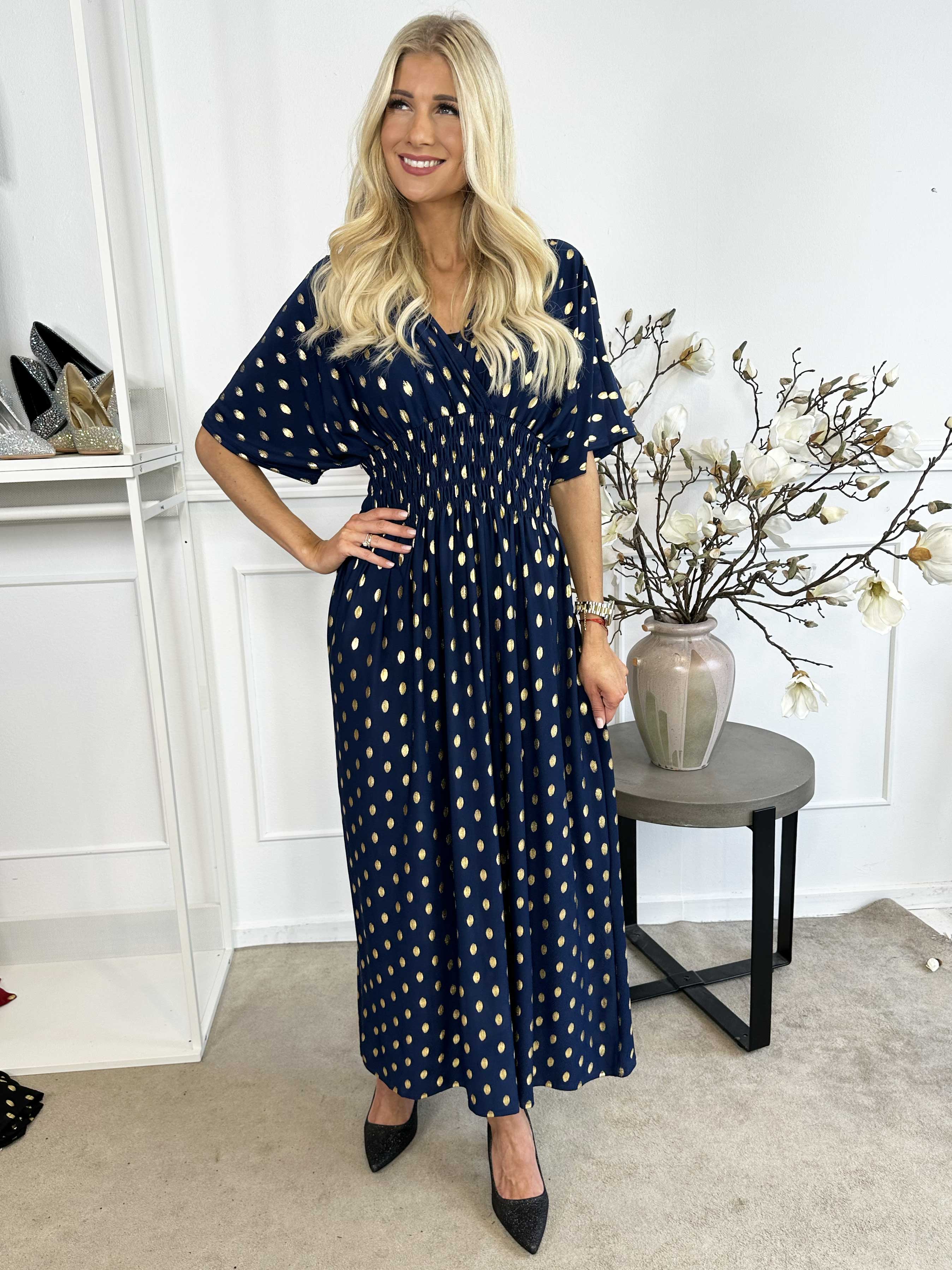 Pams Dot - Lang elastisk kjole med prikket detaljer